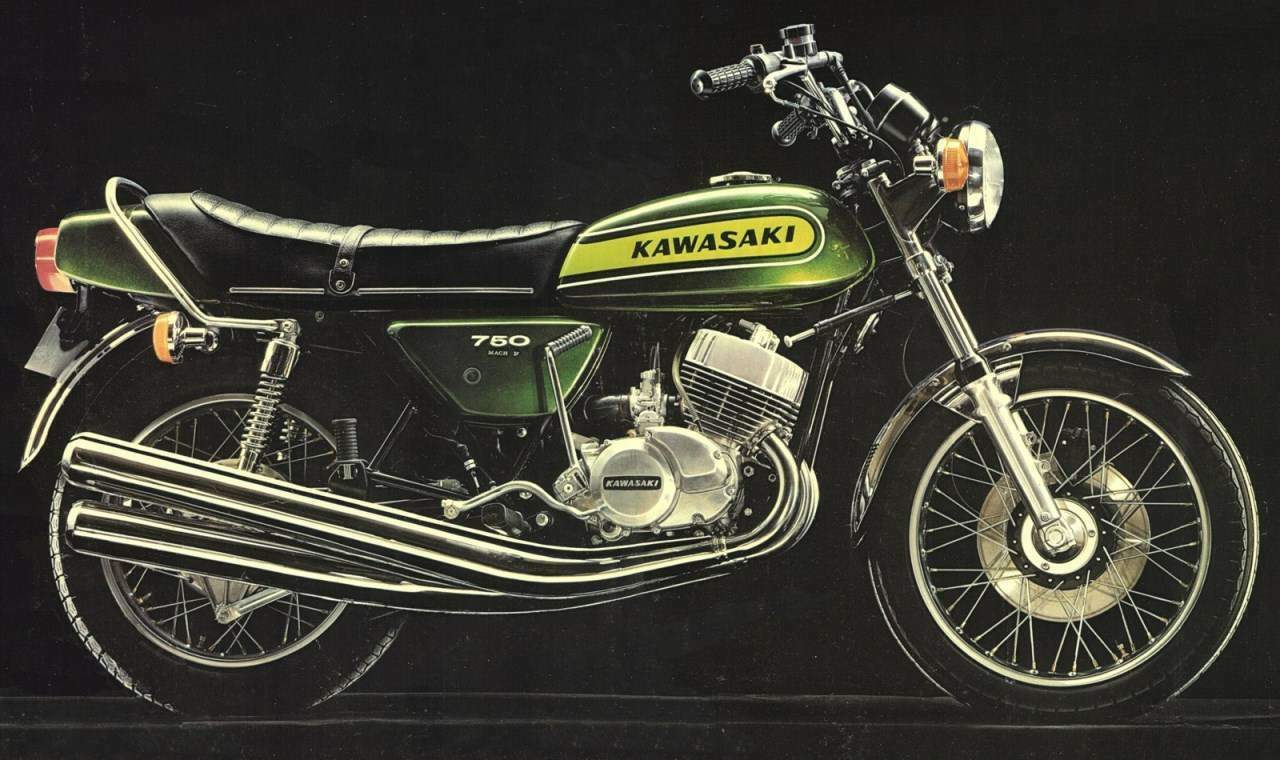 Ægte Original dinosaurus Kawasaki H2 750 Mach IV (1974) technical specifications